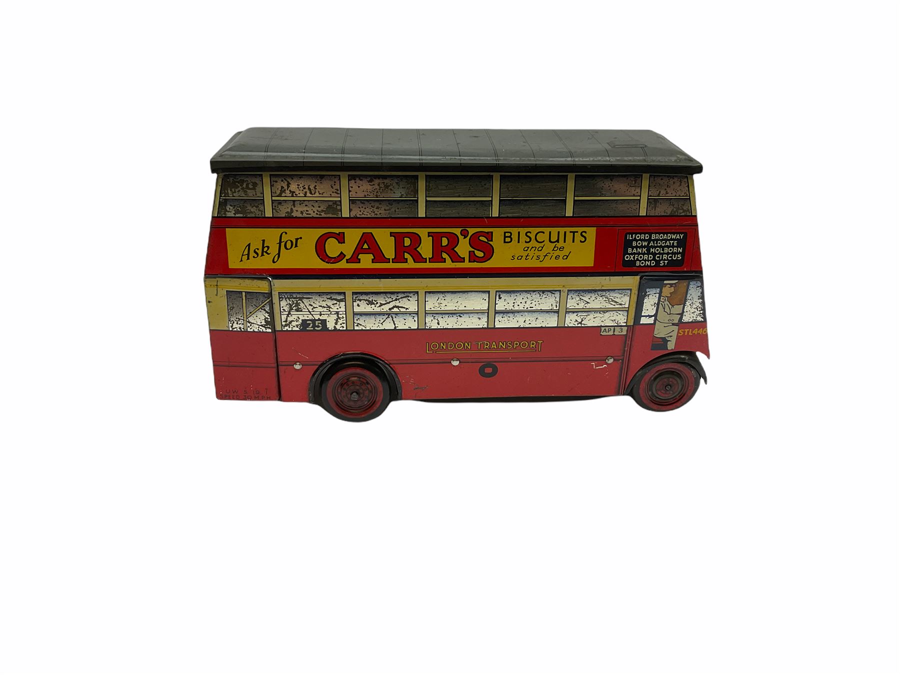 Chad Valley Carr’s Table Water Biscuits London Transport STL446 double decker bus biscuit tin, push-a-long, lithographed red and cream tinplate, No.25 Victoria Station destination, London Transport, Chad Valley Toys and Carr’s Biscuits advertising to sides and lift-off grey lid L25.5cm high