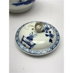 18th Century Worcester teapot, circa 1765-70, decorated in the Bird in the ring pattern, the cover with bud finial, with crescent mark beneath, H13cm, together with a Worcester coffee cup decorated in the same pattern, with crescent mark beneath, H6.5cm