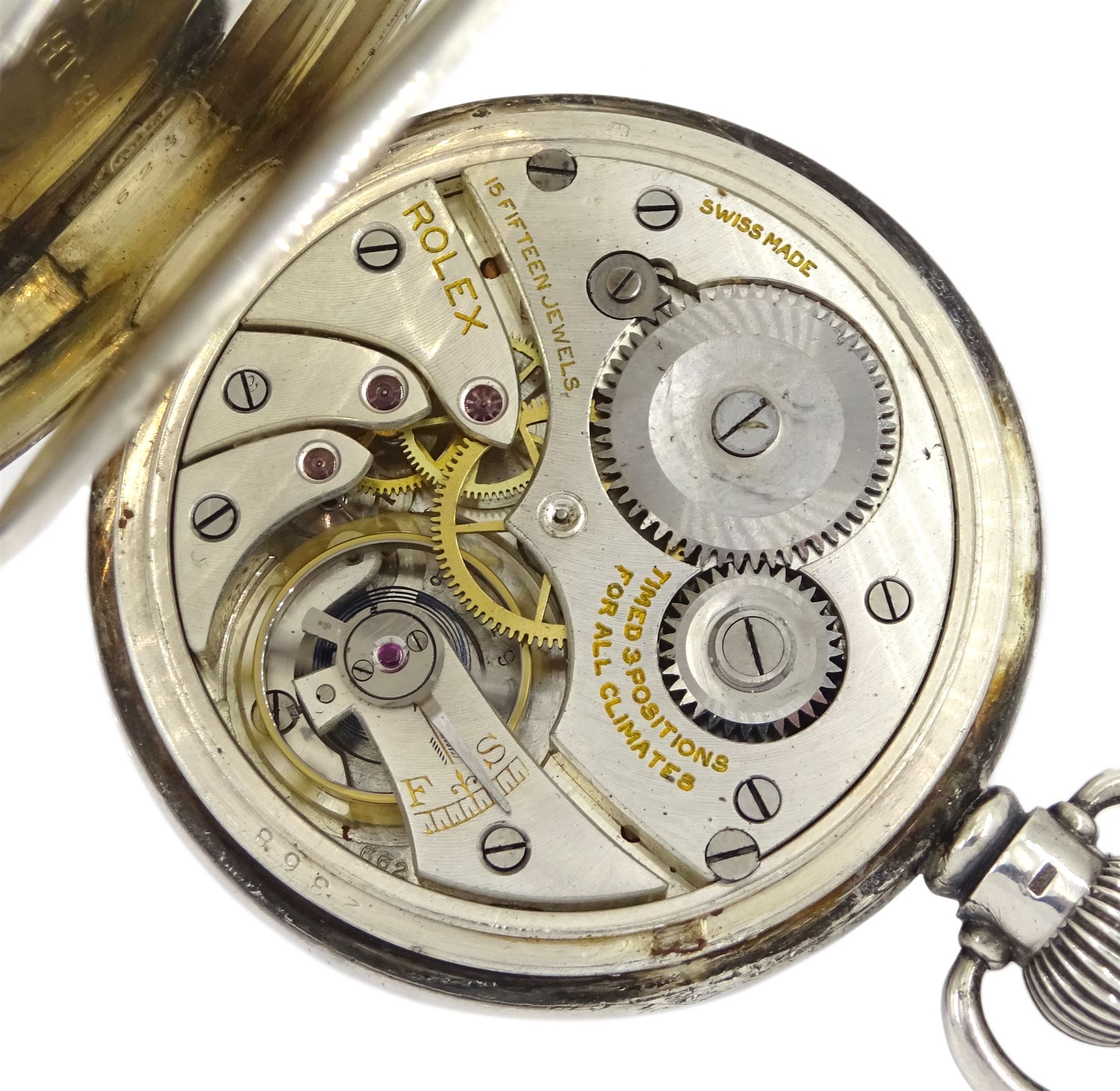 Early 20th century open face keyless lever presentation pocket watch by Rolex, white enamel dial with Roman numerals and subsidiary seconds dial, case by Dennison Watch Case Co, Birmingham 1928, retailed by William Greenwood & Sons, Leeds & Huddersfield