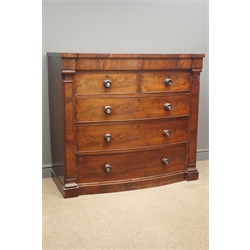  Victorian figured mahogany bow front chest, frieze drawer above two short and three long drawers, plinth base, W119cm, H109cm, D57cm  
