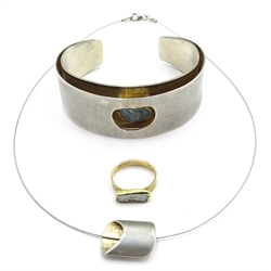  Antoniou designer silver, 18ct gold and aquamarine bangle, silver and 18ct gold necklace stamped 925 and 18ct gold mother of pearl ring stamped 750 Antoniou  