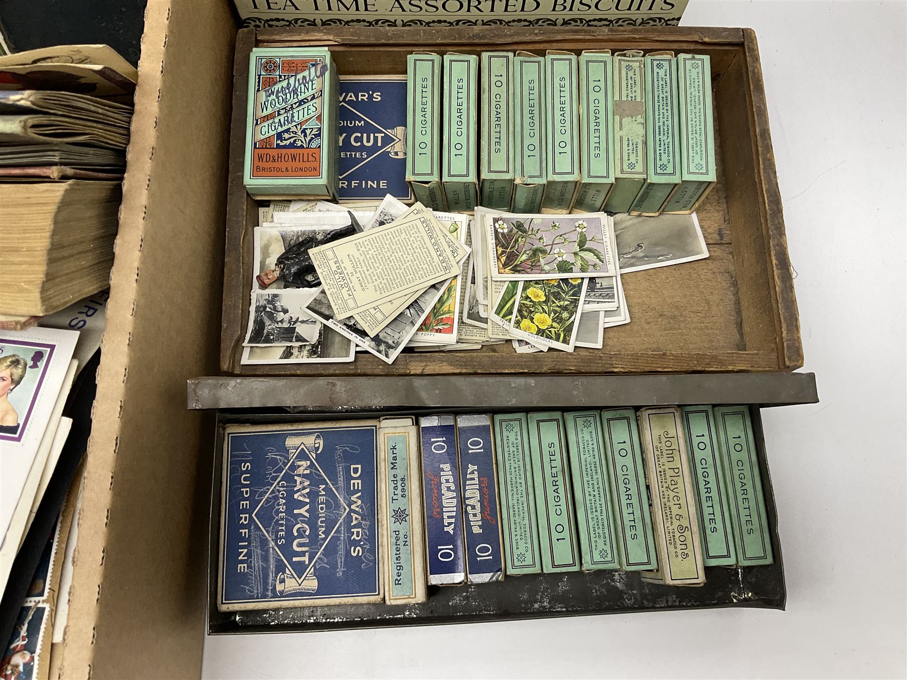Great British and World stamps, trade cards, ephemera and miscellaneous items, including small number of Queen Elizabeth II mint decimal stamps, Antigua, Ascension, Australia, Australia, Barbados, Basutoland, British Honduras, Canada, Great Britain King George V used seahorses etc, in one box