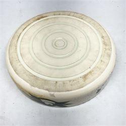 20th century Celtic Pottery, Newlyn, table lamp of tapering form, cylindrical vase and shallow bowl, all decorated with a dark stylised phoenix, modelled with wings outstretched upon sponged ochre, blue and cream ground, bowl D26cm