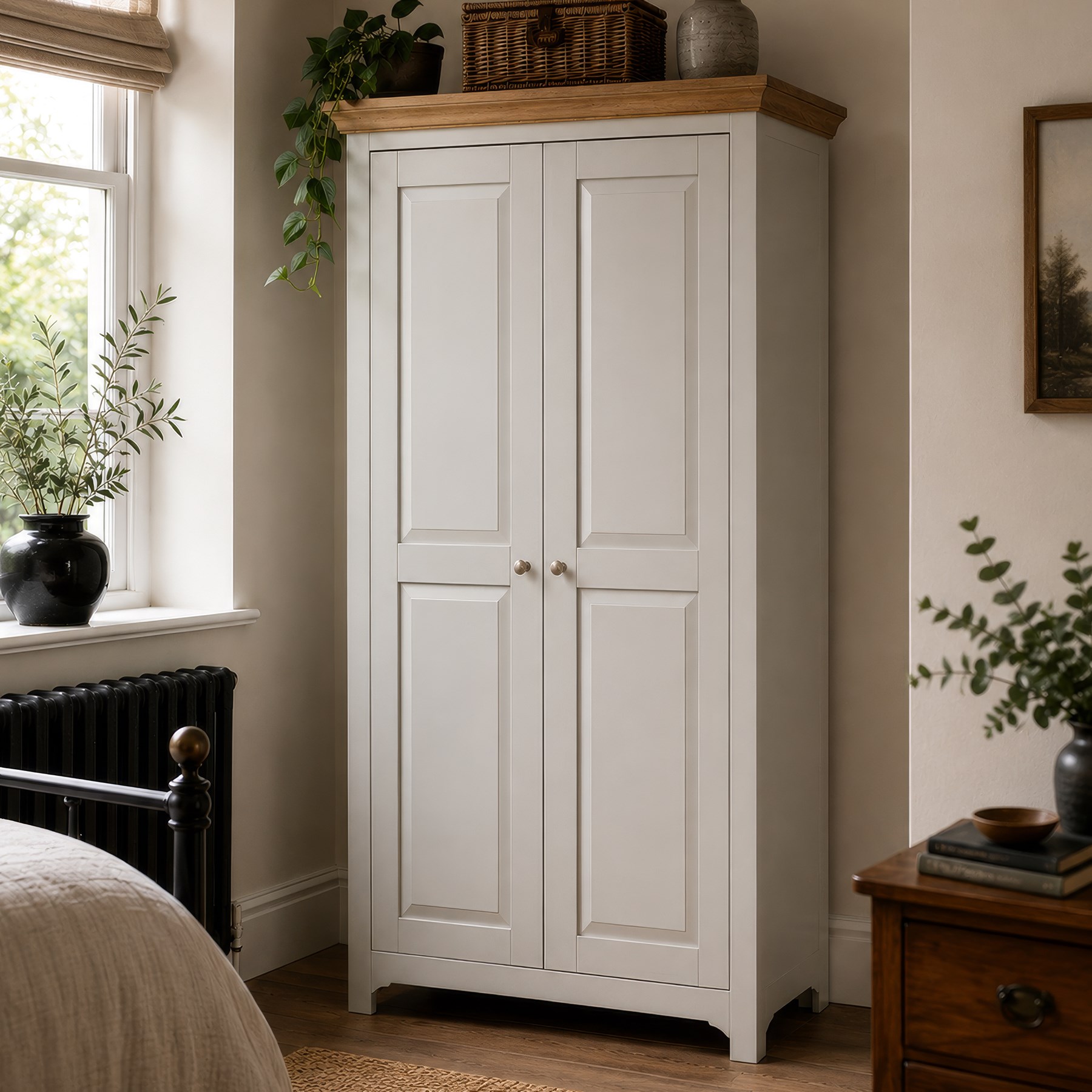 Barker & Stonehouse - Grey painted double wardrobe, with projecting oak cornice, fielded panelled doors, with wooden hanging rail, raised on bracket feet