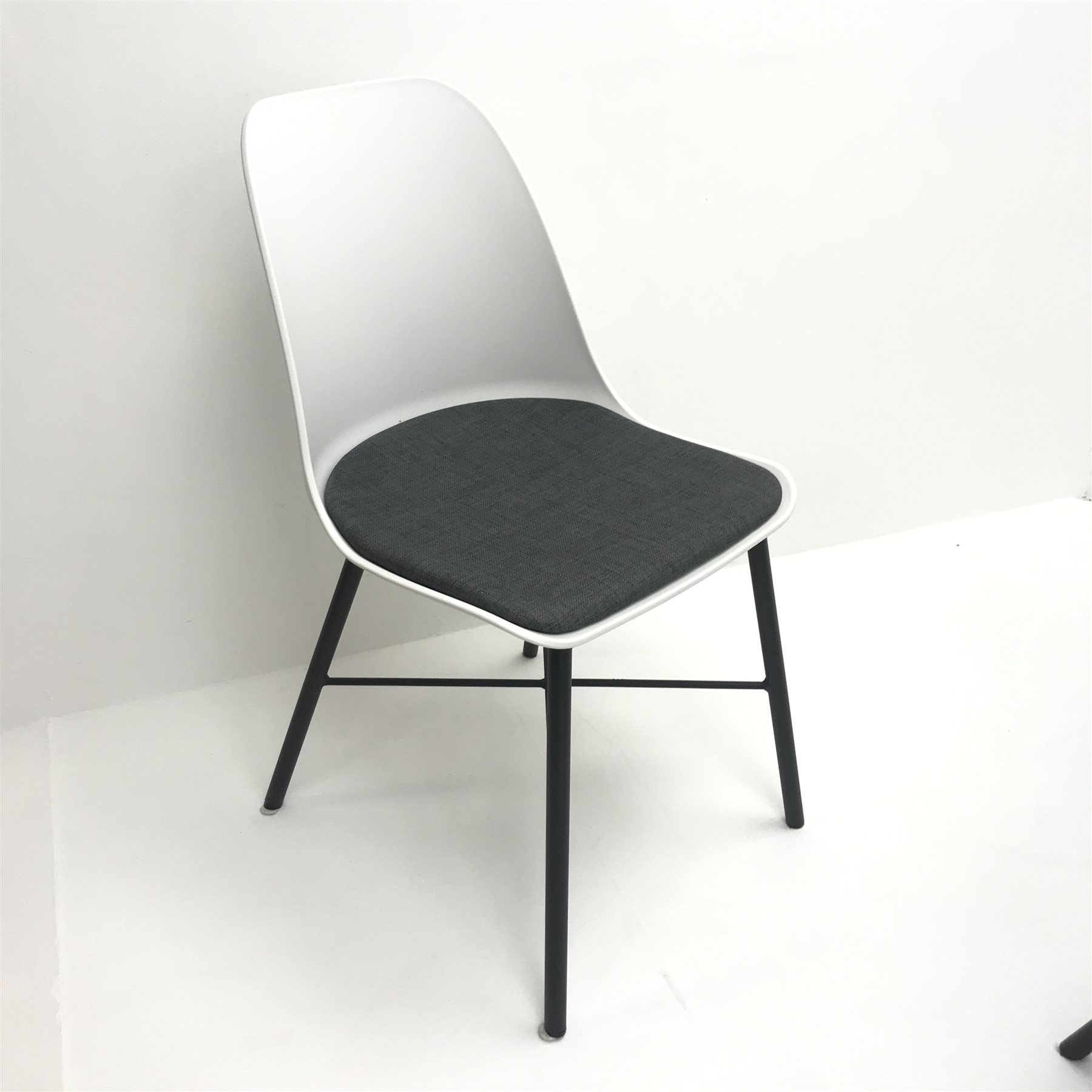 John Lewis white rectangular dining table, grey turned tapering supports (W120cm, H74cm, D80cm) and four matching dining chairs, upholstered seats, turned supports (W43cm) 