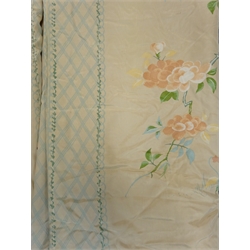  Pair beige ground thermal lined curtains with floral pattern (Drop - 240cm, W200cm) a quilted bedspread matching cushions and canopy, another pair of blue ground thermal lined curtains (Drop - 200cm, W180cm) and two single green ground curtains with cushions and stool  