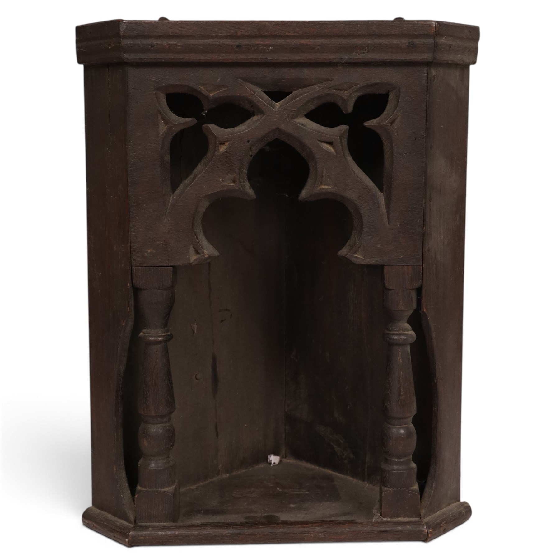 Gothic Revival oak corner wall shelf, with trefoil decoration to the top, H42cm