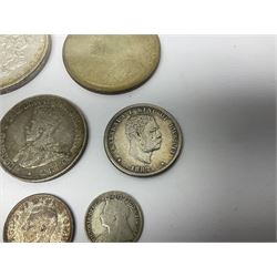 King George V British West Africa 1916 two shillings coin, King George VI Australia 1943 shilling, United States of America 1887 Morgan dollar, Bahrain 1968 500 fils silver coin, Maria Theresa restrike thaler and other coinage 