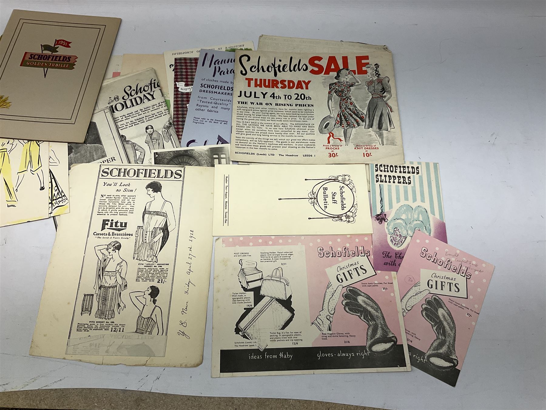 Quantity of paper ephemera relating to Schofields Department Store, The Headrow, Leeds, 1920s - 1950s, including Romance of Schofields 1922, Golden Jubilee Booklet 1951, various catalogues and promotional booklets and leaflets, Christmas offers, greeting cards, marketing and advertising items, menus etc