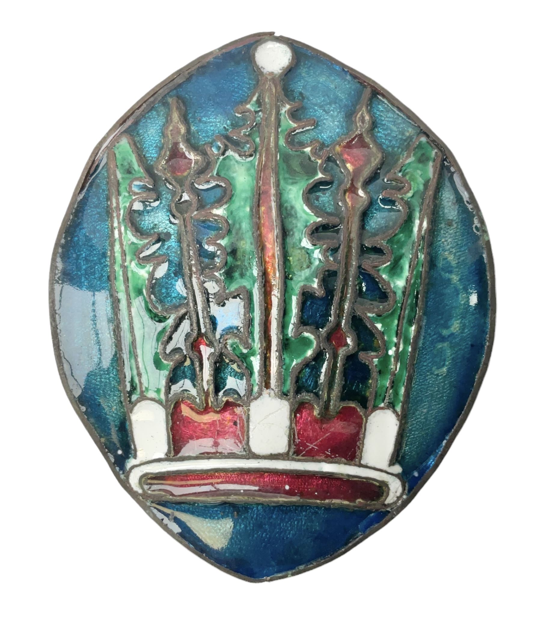 Henry George Murphy (1884-1939), Arts & Crafts enamel panel, of bulbous elliptical form decorated with a stylised crown in green, red and white, upon a turquoise toned ground, H12cm W9cm