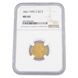 United States of America 1861 Liberty head type 2 gold two and a half dollar coin, encapsulated and graded MS60 by NGC