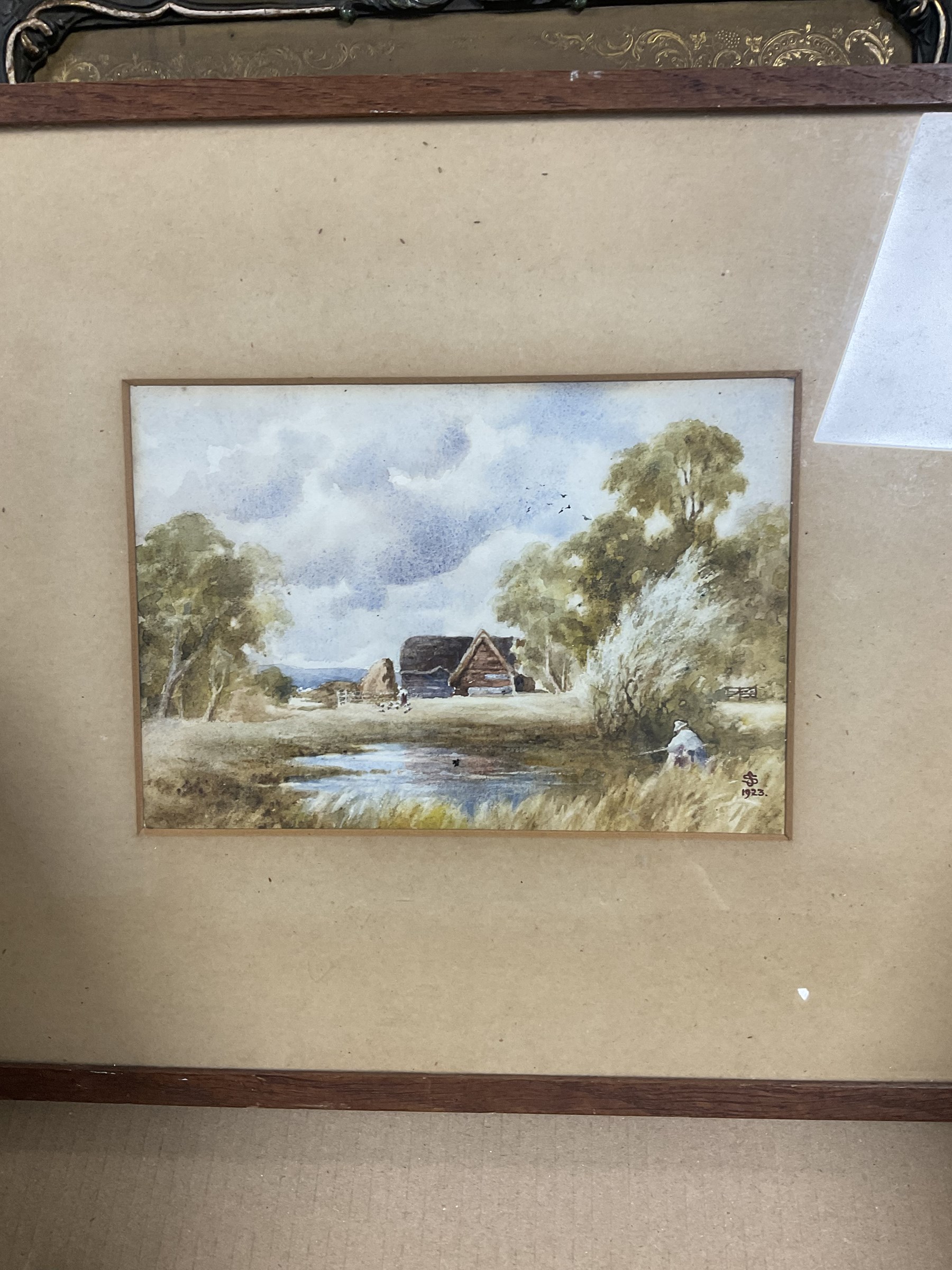 Collection of pictures, to include after James McArdell (Irish 1729-1765): James Quinn as Sir John Falstaff, oil on wood panel unsigned; English School (20th century): Fisherman by a Farm, watercolour signed with S J monogram and dated 1923; after Charles Spencelayh (British 1865-1958): The Cobbler, oil on wood panel unsigned, and two others max 19.5cm x 26cm (5) (one unframed)