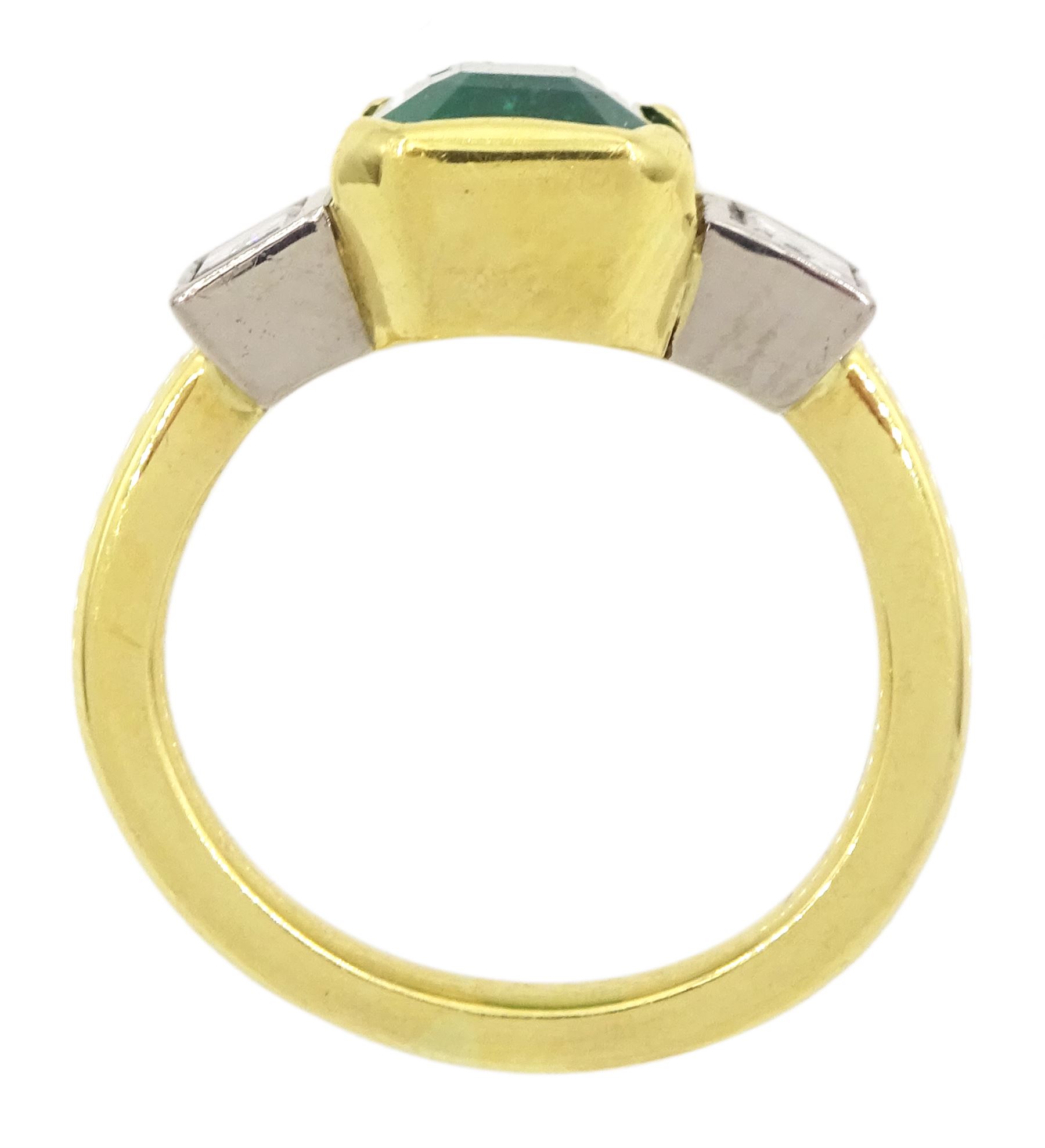 18ct gold three stone octagonal cut emerald and baguette cut diamond ring, hallmarked, emerald approx 2.60 carat total diamond weight approx 1.00 carat