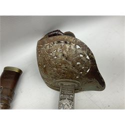 George V 1897 pattern Army Officer's sword by Henry Wilkinson Pall Mall London, the 82.5cm 'London Made' blade etched to both sides with Royal Crests and cyphers etc, pierced half-basket hilt with wire-bound fish skin grip and remains of leather knot strap; in leather covered field service scabbard L101cm overall; and two 14th Prince of Wales Own swagger sticks (3)