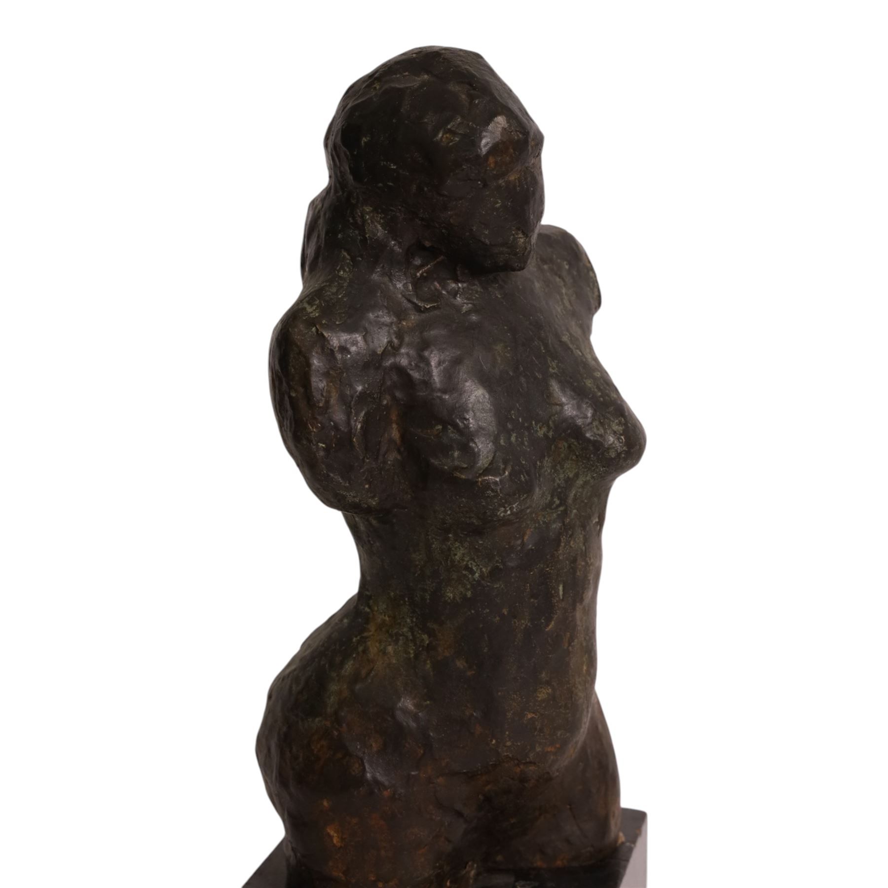 Bronzed sculpture modelled as a female torso, upon a square plinth, H39cm 