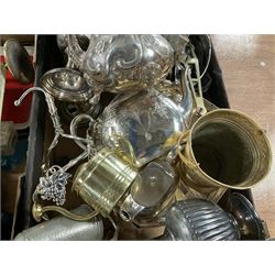 Quantity of silver plate and other metalware to include teapots with foliate design, mirror, and wooden box etc in two boxes