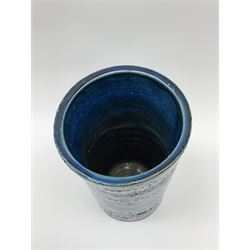 Aldo Londi for Bitossi , an Italian Rimini Blu vase, of cylindrical form decorated with incised geometric bands, with painted marks beneath, H25.5cm. 