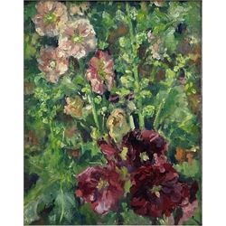 Catherine Tyler (British 1949-): 'Red Hollyhocks', oil on canvas signed and dated '01, titled verso 49cm x 39cm