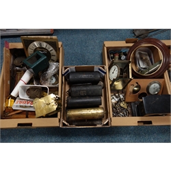  Collection of clock parts and tools including approx 40 finials, single fusee movement, clock makers tools, pendulums, two wall bracket, cased clock with aneroid barometer etc... in three boxes  
