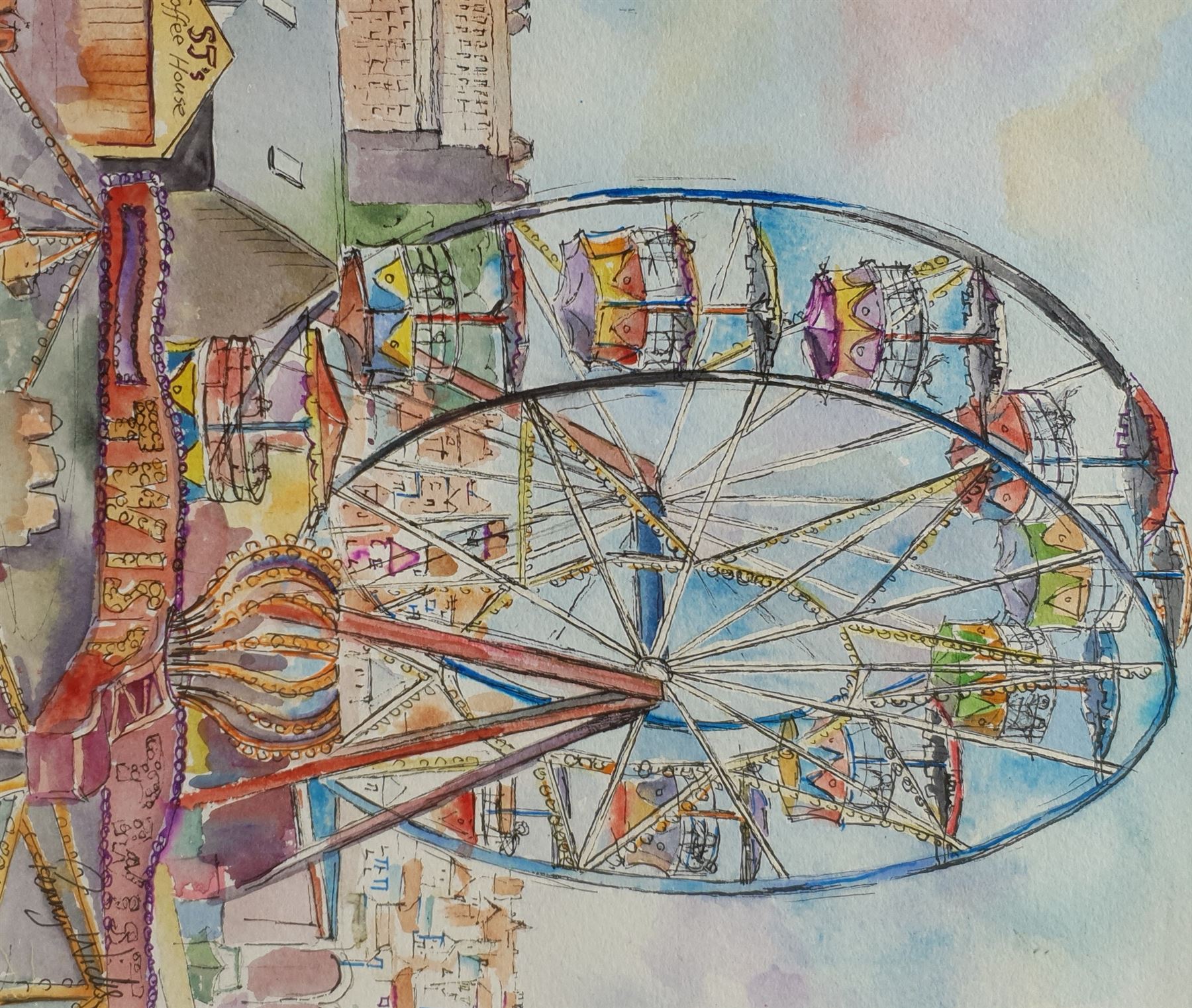 Penny Wicks (British 1949-): Luna Park Scarborough, watercolour and ink signed 28cm x 24cm