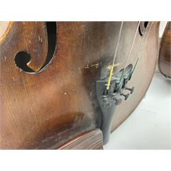 German trade violin in the Steiner style c1900 with 35.5cm two-piece maple back and ribs and spruce top L59cm overall; in fitted carrying case with two bows; and a Saxony violin with 35.5cm one-piece maple back and ribs and spruce top L58.5cm overall (2)