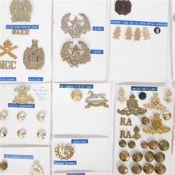 Collection of British Military cap badges, buttons and similar, including examples for Fife and Forfar Yeomanry, Royal Artillery, Cameronians, 18th Princess of Wales Hussars etc