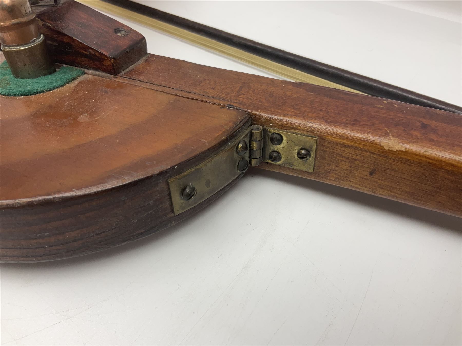 Fruitwood and elm single string phono fiddle with long neck and copper horn L76cm; and a violin bow (2)