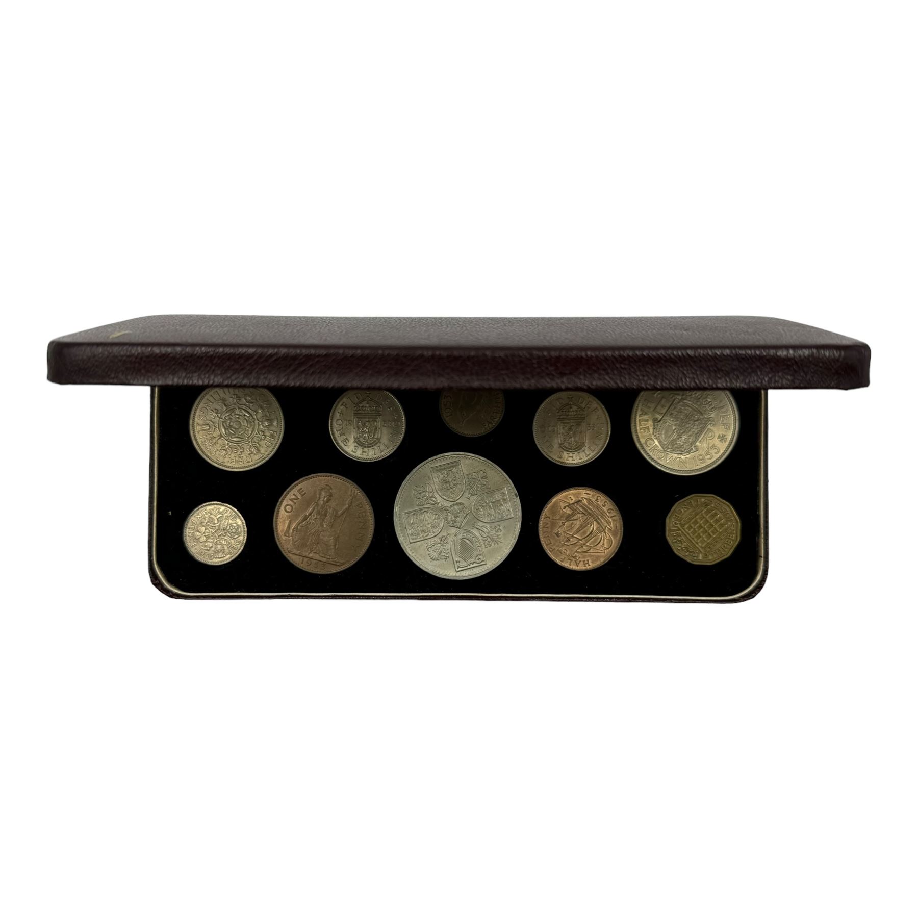 Three George III 1797 cartwheel twopence coins, Queen Elizabeth II 1953 ten coin set and three Great Britain and Norther Ireland 1970 proof coin sets