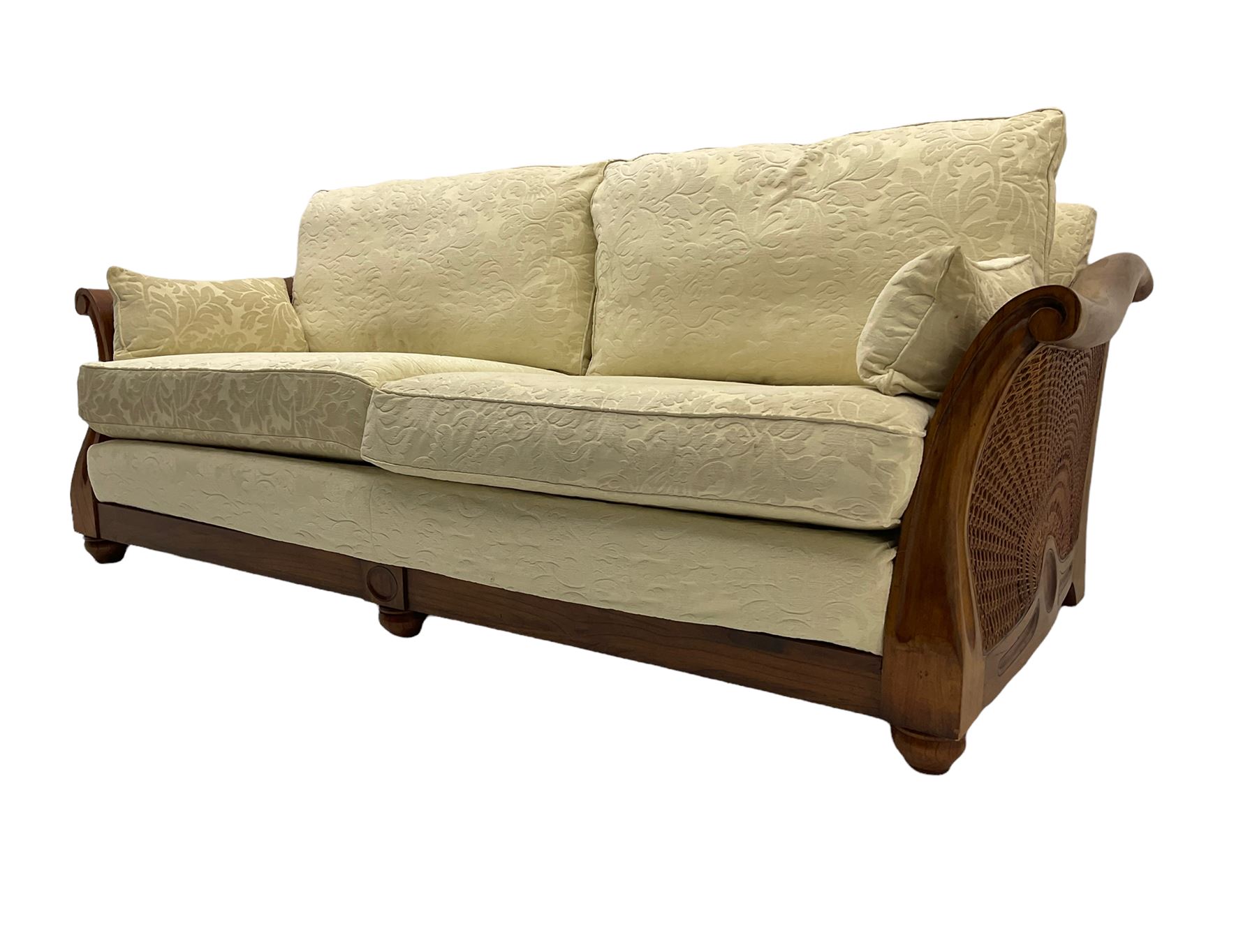 Multi-York - Hardwood framed bergère lounge suite, three seat sofa (W204cm), and pair matching armchairs (W90cm), upholstered in cream floral pattern fabric 