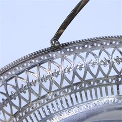 George III silver bon bon basket, of oval form with bead rim and swing handle, the sides with pierced latticework decoration, hallmarked Hester Bateman, London 1785, handle H14cm