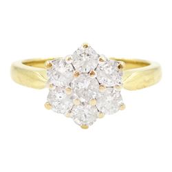 18ct gold seven stone round brilliant cut diamond flower head cluster ring, hallmarked, total diamond weight 1.00 carat