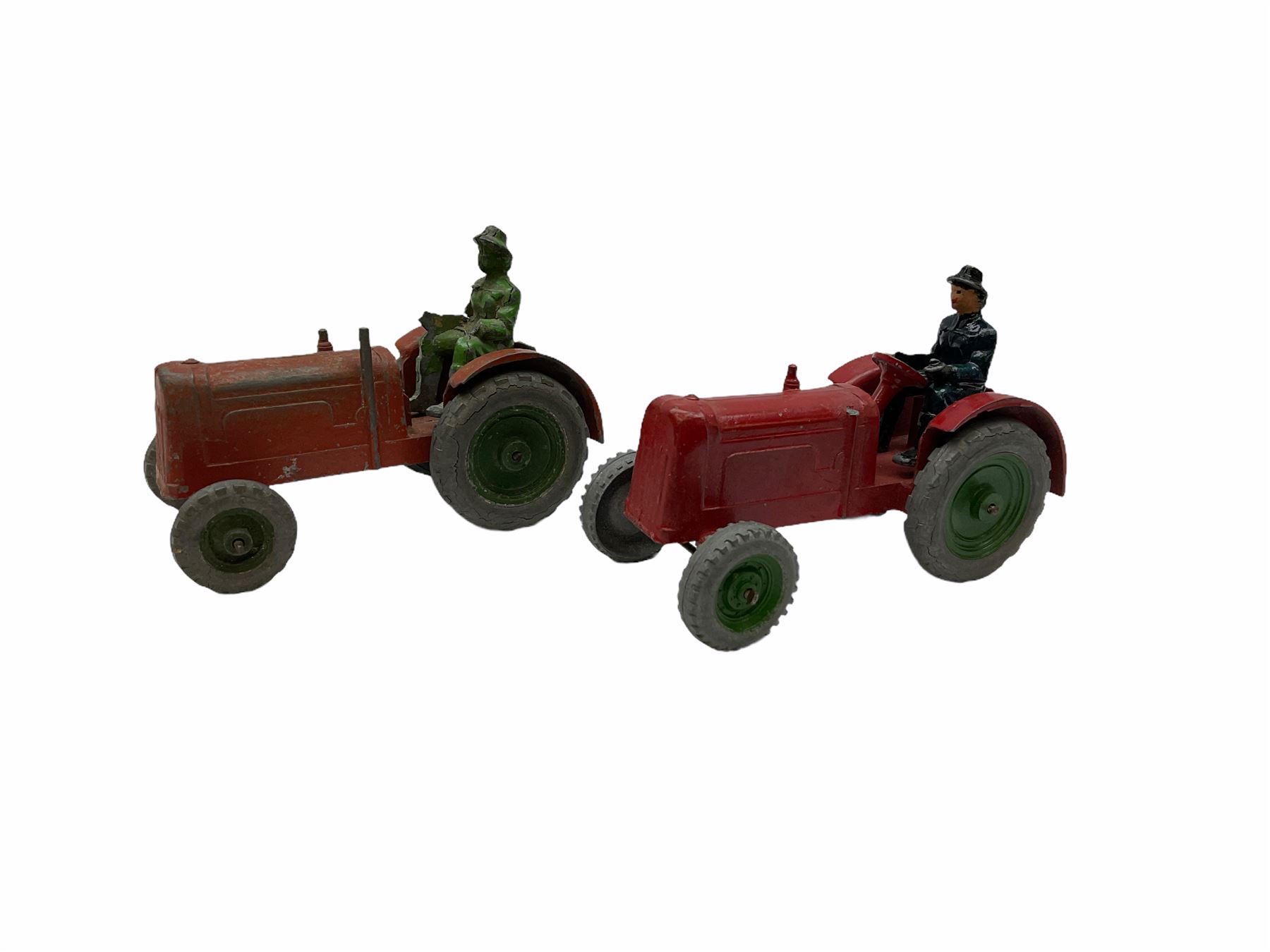 Lead figures - pre-war Charbens goat cart with girl; Timpo ploughman; Timpo cow; Salco Dray Carts; see-saw boat with boy and girl; two Charbens tractors; Taylor & Barrett governess cart; six Wendal figures etc