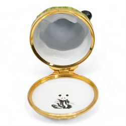 Three Halcyon Days enamel bonbonnieres comprising a mallard, panda and frog, H7cm max (3)