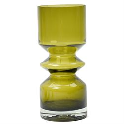 Four art glass vases, including three mid-century Scandinavian glass vases, two olive green examples by Riihimaki probably designed by Tamara Aladin, a blue vase, probably Alstefors, and a George Davidson Brama Luna green bark vase, max H25cm (4)