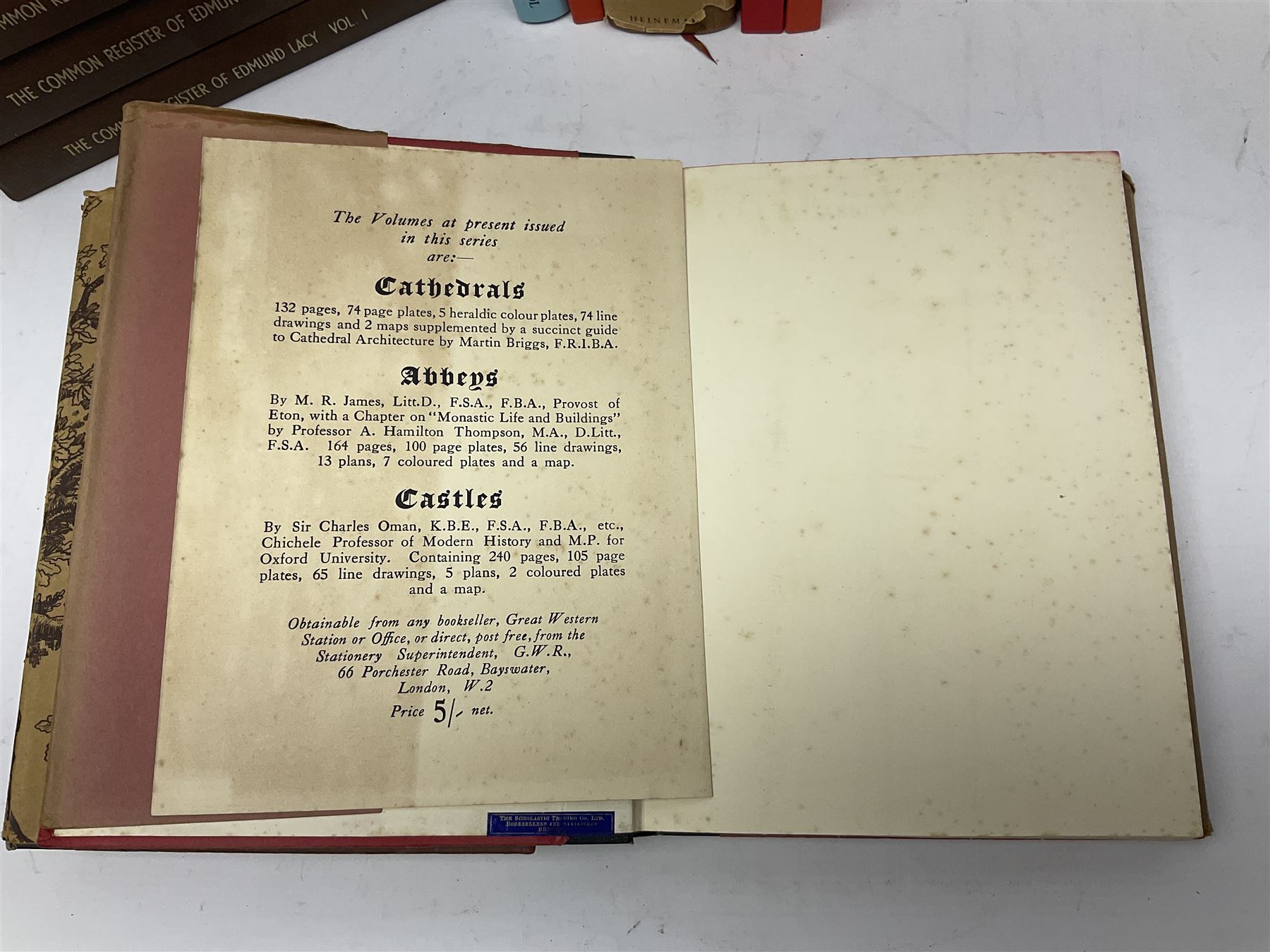 Collection of books, to include four 1920s Great Western Railway publications on Abbeys, Castles and Cathedrals, including three hardback examples, together with The Bible Designed to be Read as Literature, The Register of Edmund Lacy Bishop of Exeter 1420-1455 Vols 1-5, Laura Knight by Janet Dunbar, A Calendar of Cornish Glebe Terriers 1673-1735, The Parliamentary Survey of the Duchy of Cornwall Parts 1 and 2 and two Bradburys Hallmarks books
