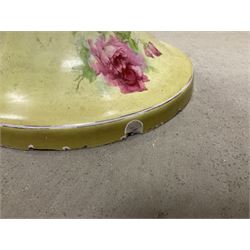 An early 20th century ceramic jardiniere on stand, each decorated with pink roses upon a yellow ground, overall H93cm.