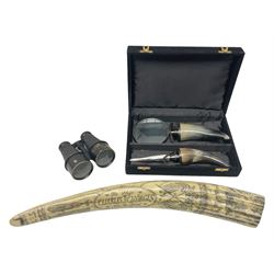 Horn handled magnifying glass and letter opener cased set, replica Scrimshaw in the form of a tusk titled The Ship Charles W Morgan New Bedford and pair of binoculars