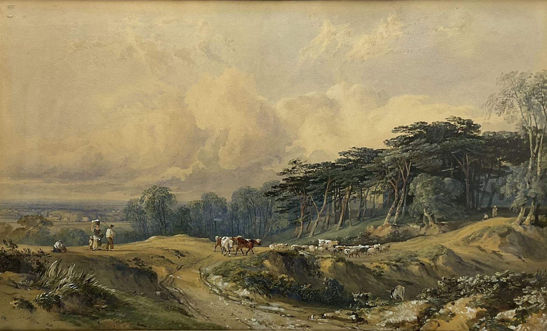 George Arthur Fripp (British 1813-1896): Landscape with Cattle Sheep and Figures, watercolour heightened in white signed and dated 1842, 55cm x 91cm