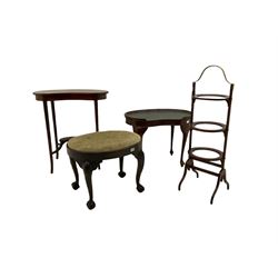 Kidney shaped leather top occasional drinks table, raised on cabriole supports, inlaid mahogany occasional table, cake stand and a Georgian style dressing stool