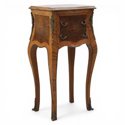 Louis XV style kingwood bedside chest, shaped and crossbanded top above two bombe drawers ...