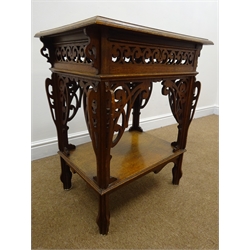  19th century oak rectangular occasional table, pierced frieze with fret carved corner brackets, on shaped supports with solid undertier, W58cm, H71cm, D43cm  