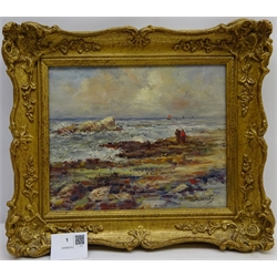  James Ulric Walmsley (British 1860-1954): 'Figures on the Scaurs Robin Hood's Bay, oil on canvas signed 22cm x 27cm   DDS - Artist's resale rights may apply to this lot     