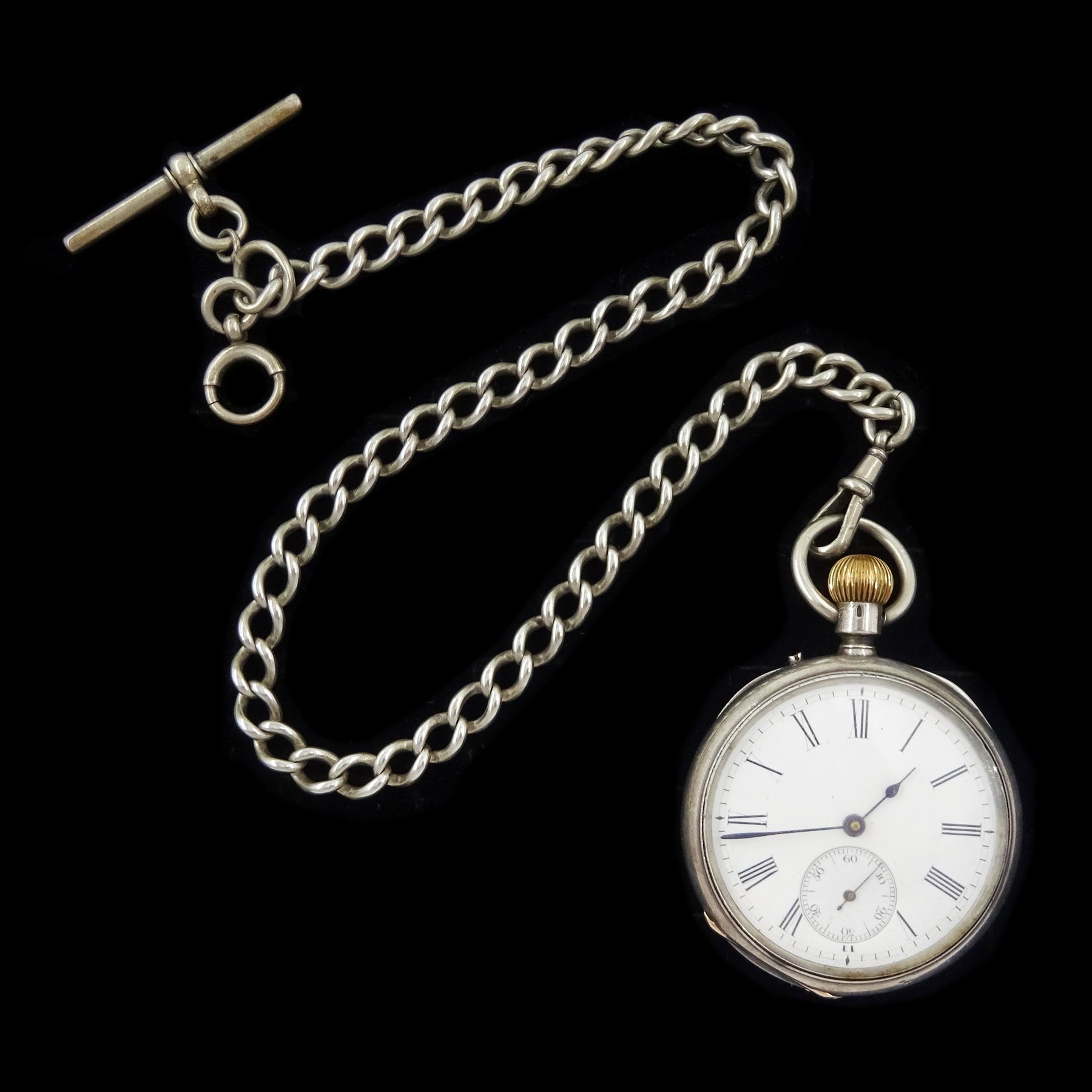 Early 20th century silver open face keyless cylinder pocket watch, 'Examined by Barraud & Lunds, London', No. 4764, white enamel dial with Roman numeral hour markers and subsidiary seconds dial, Swiss hallmark, on silver Albert chain