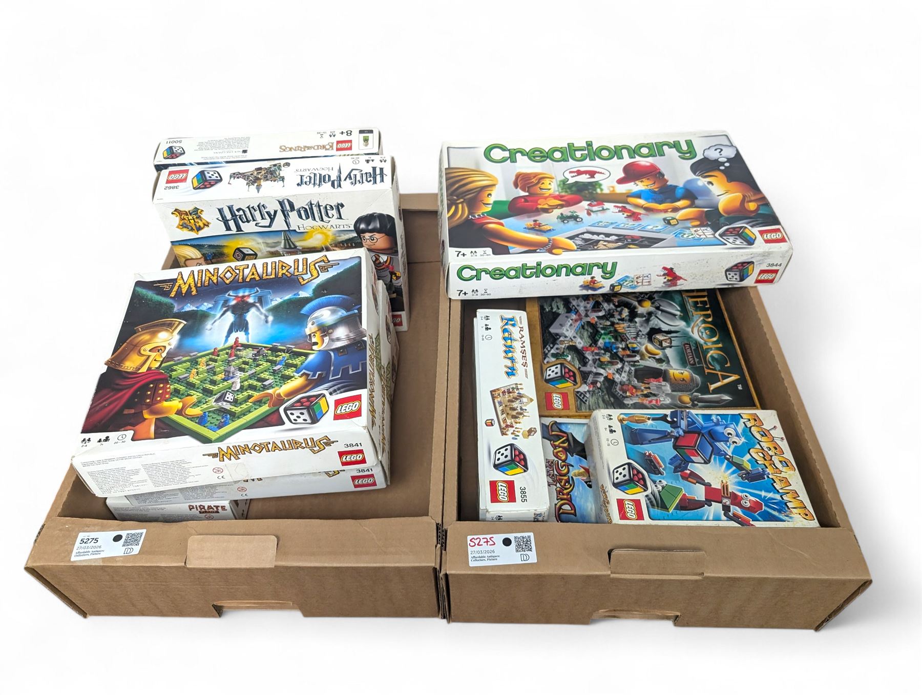 Collection of Lego Games sets, including no. 3841 Minotaurus, 3862 Harry Potter Hogwarts, 50011 Lord of the Rings Battle of Helms Deep, 3860 Heroica Fortaan, 3848 Pirate Plank, 3855 Ramses Return, 3844 Creationary, etc