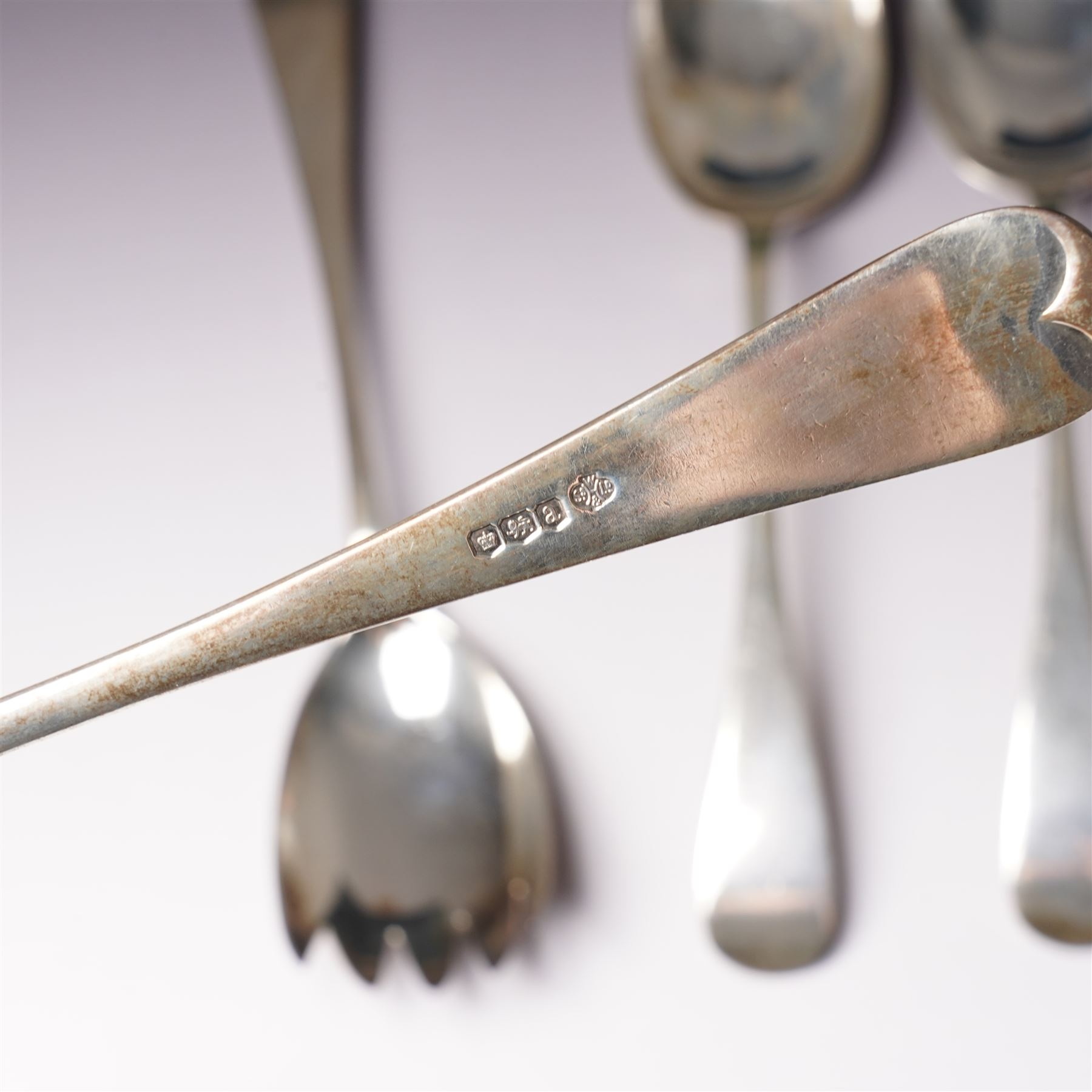 Pair of silver table spoons Sheffield 1928 Maker John Round & Son Ltd and a pair of silver salad servers  Sheffield 1918