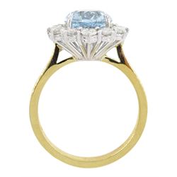 18ct gold oval aquamarine and round brilliant cut diamond cluster ring, hallmarked, aquamarine approx 2.45 carat, total diamond weight approx 0.80 carat