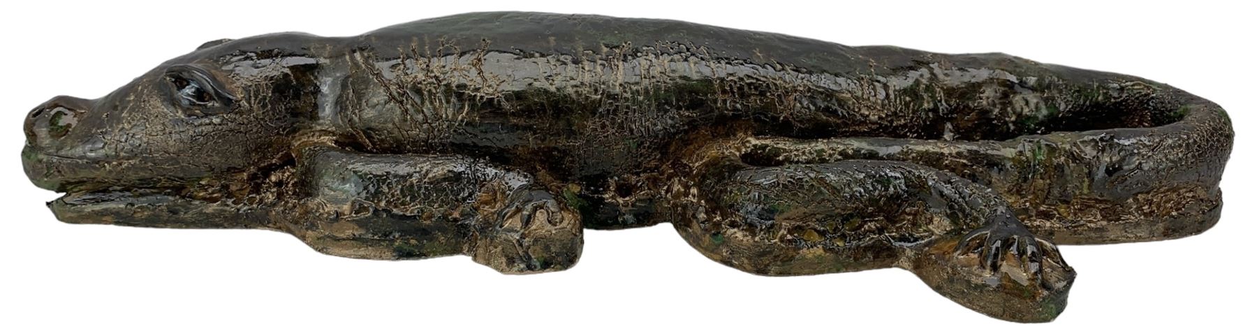 Galea Belinscaia (Yorkshire, Contemporary): Stoneware model of a baby alligator, with textured glaze finish, L56cm 