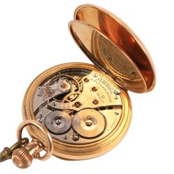 Early 20th century gold-plated keyless lever pocket watch by American Watch Company, Waltham, on 9ct gold chain, with gilt clip