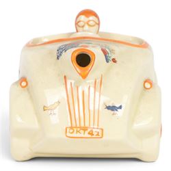 Sadler Art Deco teapot, modelled as a racing car with printed designs in the manner of Mabel Lucie Attwell, H10cm, L23cm