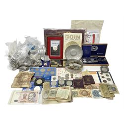 Coins, banknotes and miscellaneous items, including various denominations of Great British pre-decimal coinage, commemorative crowns, The Royal Bank of Scotland one pound notes, The Bank of England one pound notes, United States of America 1972 Eisenhower proof dollar coin in display case, empty unofficial display for a the 'London 2012 Olympic 50p Collection' etc